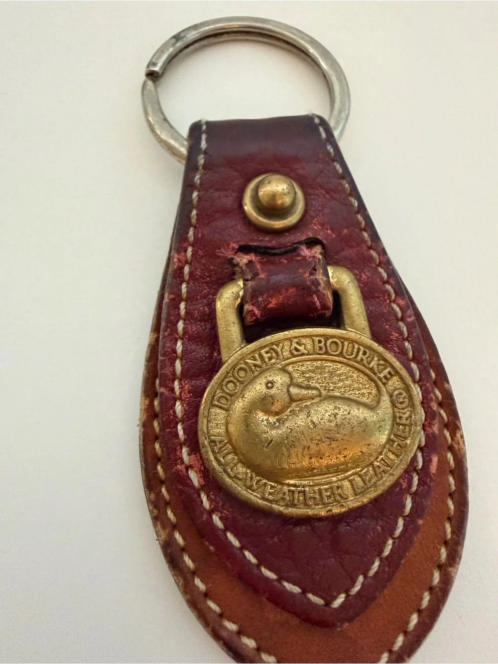 Vintage Dooney & Bourke Brown Leather Key Ring with Brass Duck Medallion